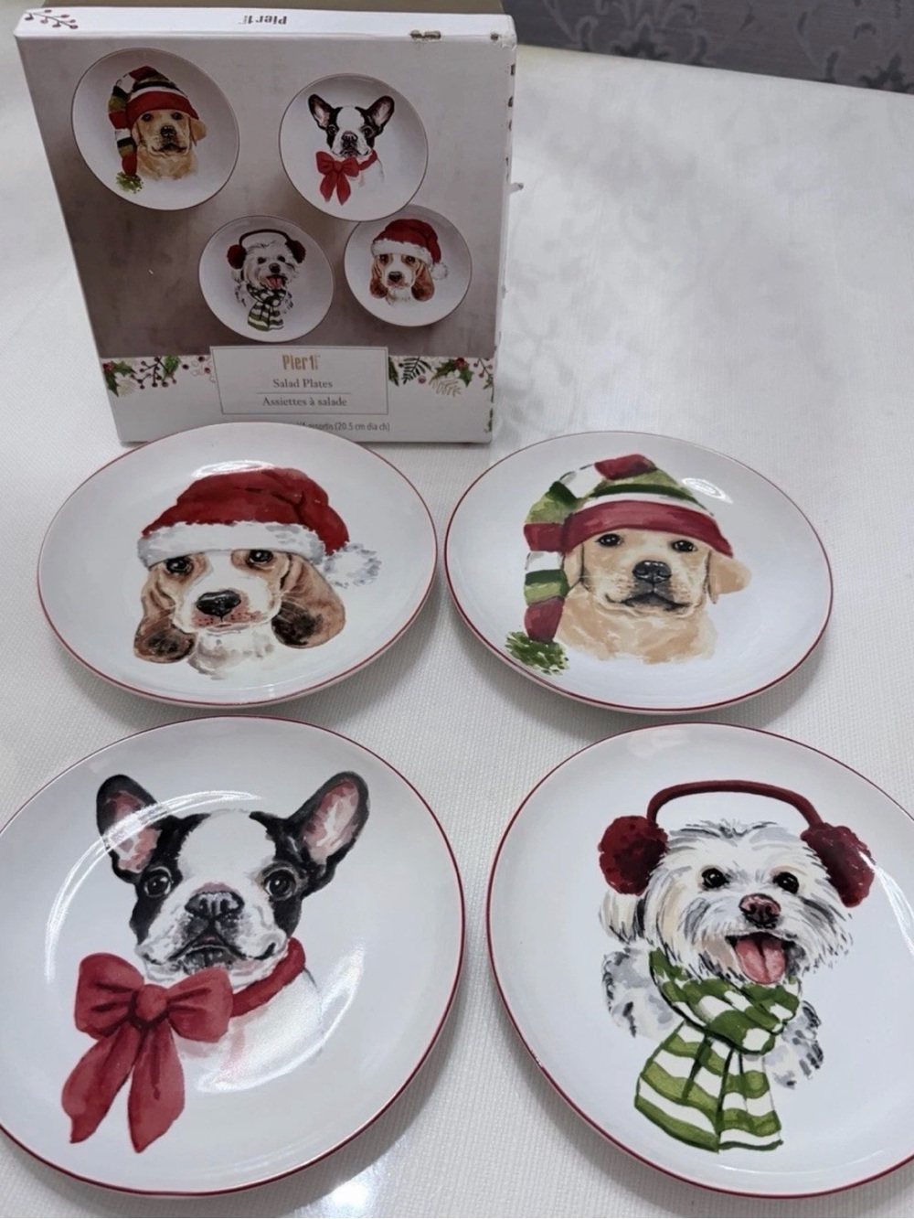 Pier 1 Holiday Dog Ceramic Salad Plates - Red & Green Accents